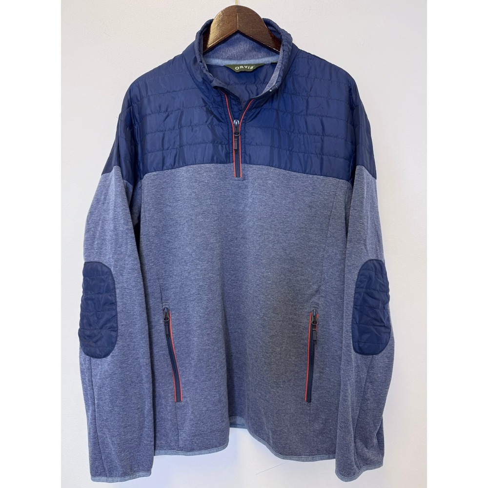 Orvis Mens Hybrid Quarter Zip‎ Pullover Blue Quilted Yoke Elbow Patches Medium